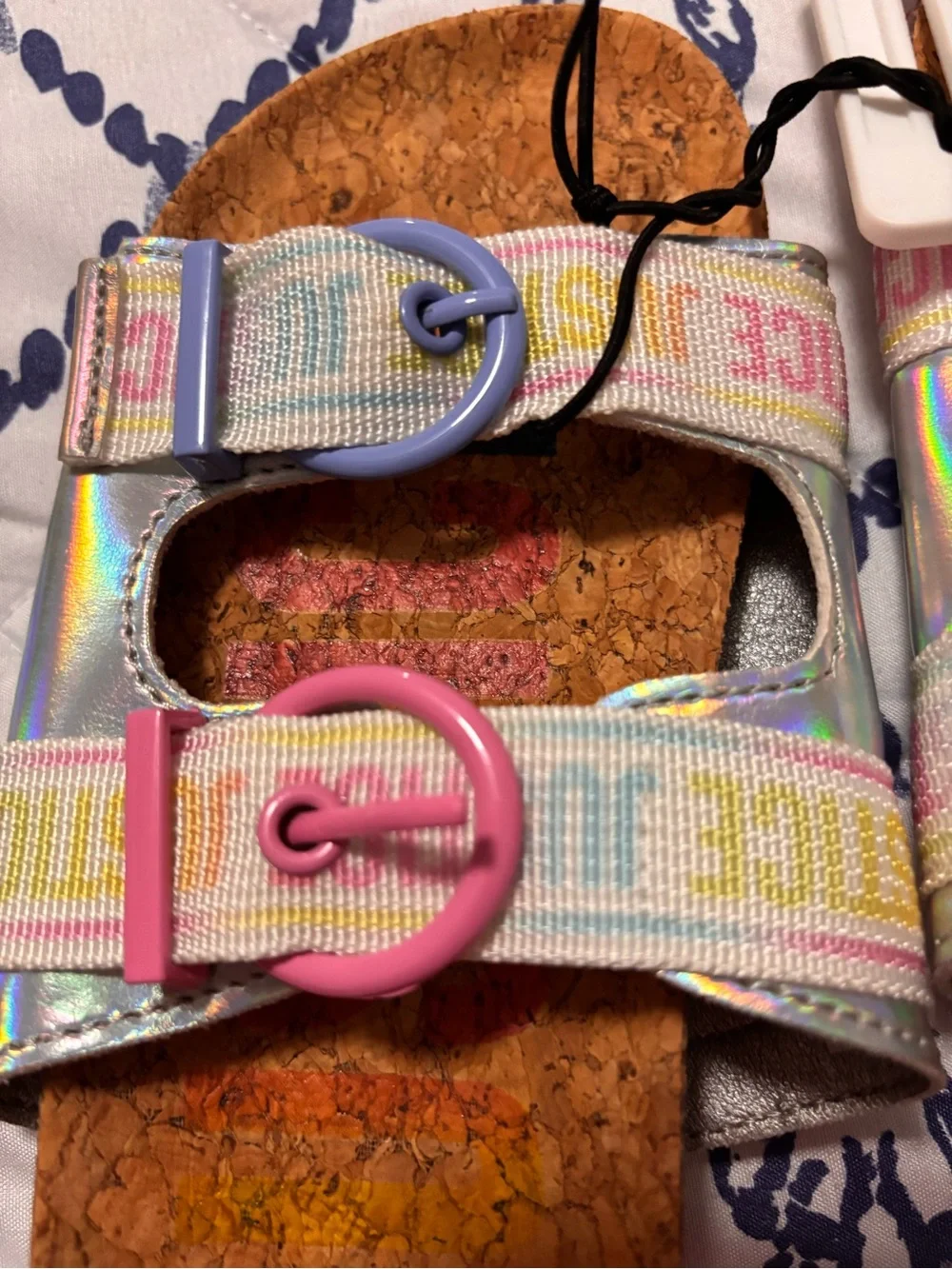 Justice Girls Iridescent Cork Slide Sandals with Pink & Lavender Buckles